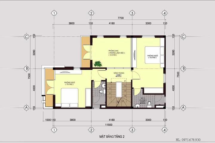 Mặt bằng tầng 2 mẫu thiết kế nhà biệt thự đẹp 3 tầng BT1405