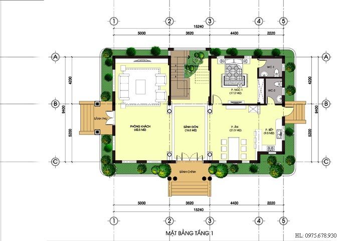 Mặt bằng tầng 1 mẫu thiết kế nhà biệt thự đẹp 3 tầng BT1417