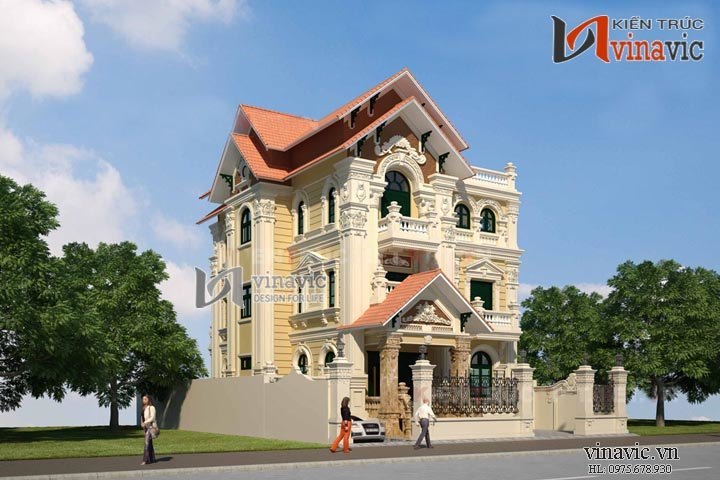 Nhìn từ góc nghiêng, biệt thư 3 tầng cổ điển được thiết kế chủ yếu với hình ảnh mái vòm ấn tượng.