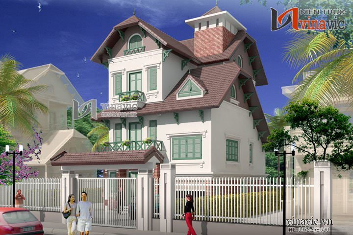 Phối cảnh góc phải thiết kế nhà biệt thự đẹp 3 tầng 