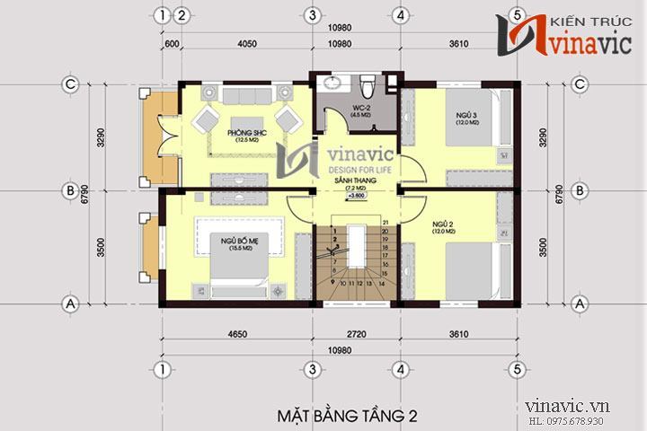 Mặt bằng tầng 2 mẫu thiết kế nhà biệt thự đẹp 3 tầng BT1434