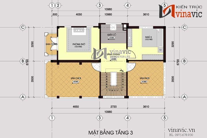 Mặt bằng tầng 3 mẫu thiết kế nhà biệt thự đẹp 3 tầng BT1434
