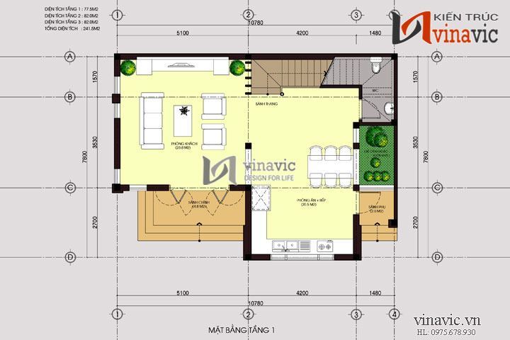 Mặt bằng tầng 1 Thiết kế nhà 3 tầng 11x8m 90m2 mặt tiền 11m  phong cách hiện đại BT1457