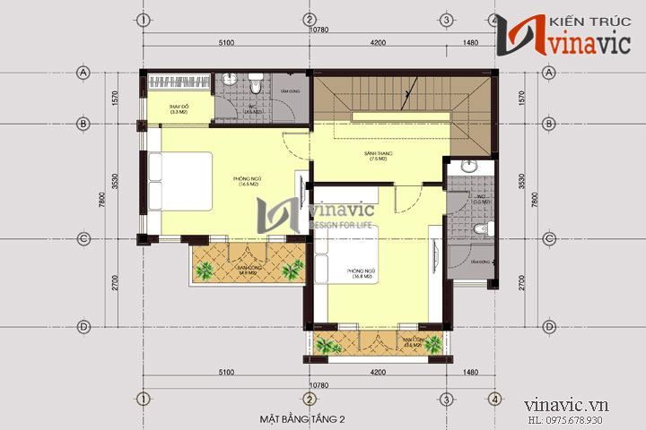 Mặt bằng tầng 2 Thiết kế nhà 3 tầng 11x8m 90m2 mặt tiền 11m  phong cách hiện đại BT1457