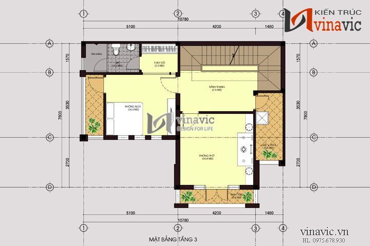 Mặt bằng tầng 3 Thiết kế nhà 3 tầng 11x8m 90m2 mặt tiền 11m  phong cách hiện đại BT1457