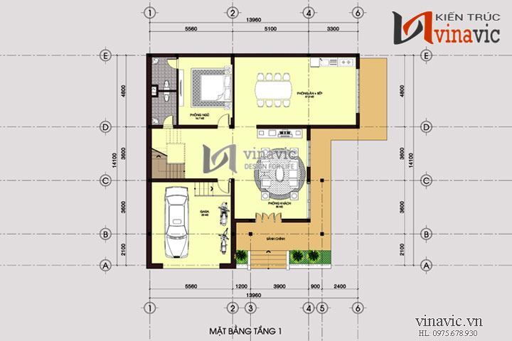 Mặt bằng tầng 1 Nhà vuông 3 tầng khối hộp hình vuông hiện đại và sang trọng BT1464
