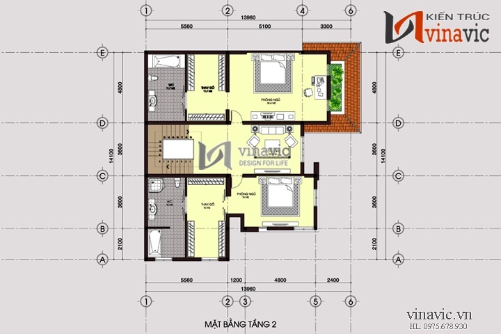 Mặt bằng tầng 2 Nhà vuông 3 tầng khối hộp hình vuông hiện đại và sang trọng BT1464