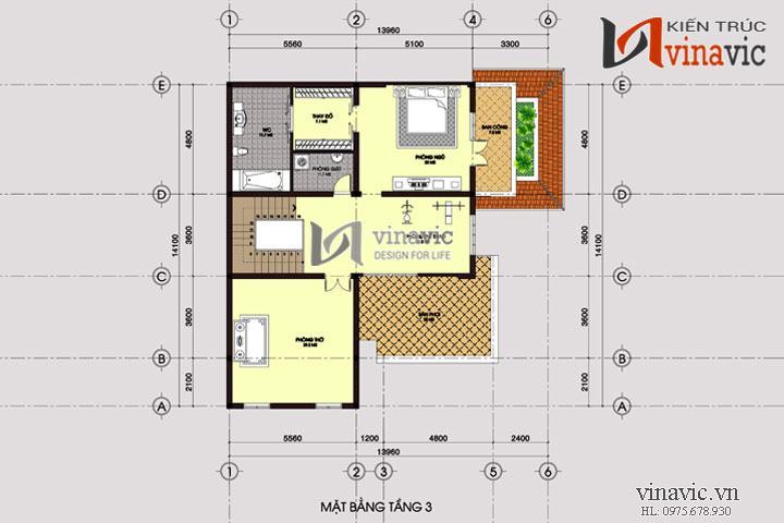 Mặt bằng tầng 3 Nhà vuông 3 tầng khối hộp hình vuông hiện đại và sang trọng BT1464