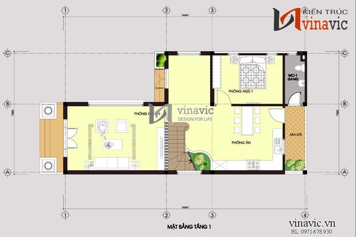 Mặt bằng tầng 1 Nhà phố mặt tiền 7m hiện đại 3 tầng thiết kế kiểu tân cổ điển BT1482