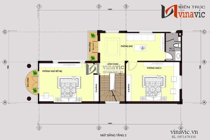 Mặt bằng tầng 2 Nhà phố mặt tiền 7m hiện đại 3 tầng thiết kế kiểu tân cổ điển BT1482