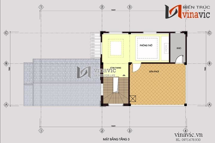 Mặt bằng tầng 3 Nhà phố mặt tiền 7m hiện đại 3 tầng thiết kế kiểu tân cổ điển BT1482