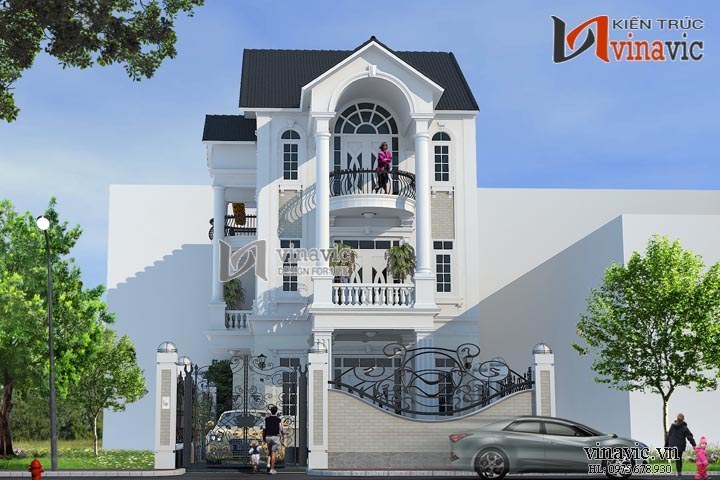 Mẫu nhà đẹp 3 tầng 120m2 4 phòng ngủ mặt tiền rộng 8m BT1483
