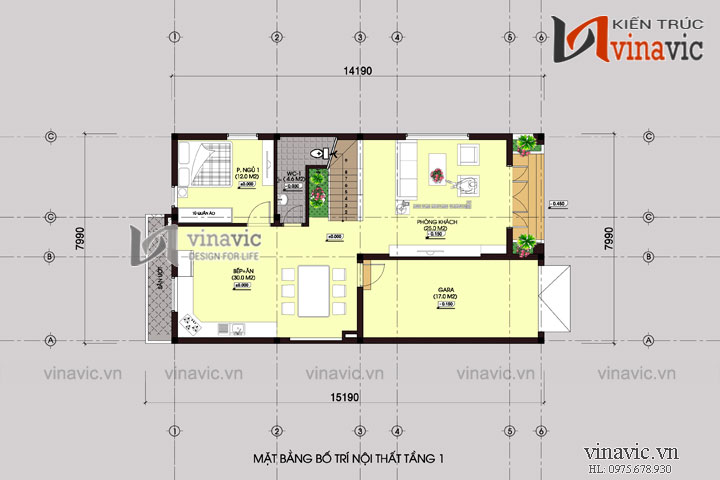 Mặt bằng tầng 1 Nhà phố mặt tiền 8m 3 tầng 100m2 thiết kế hiện đại ở Sơn La BT1493