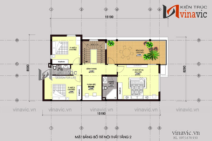 Mặt bằng tầng 2 Nhà phố mặt tiền 8m 3 tầng 100m2 thiết kế hiện đại ở Sơn La BT1493