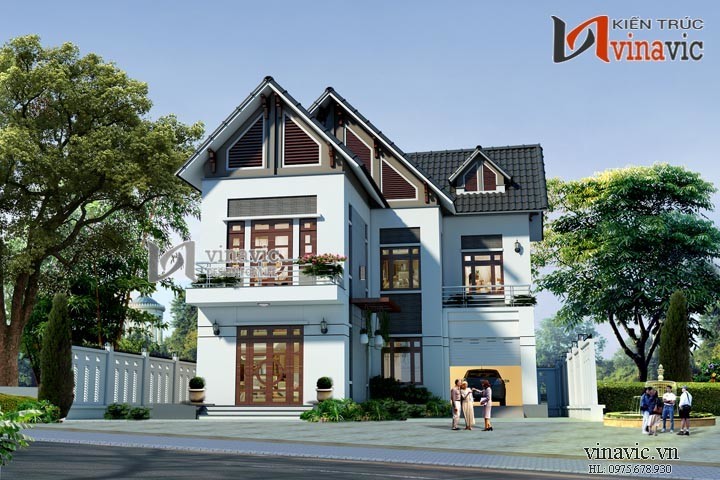 Mẫu nhà chữ L đẹp 3 tầng 100m2 3 phòng ngủ mặt tiền rộng 12m BT1505