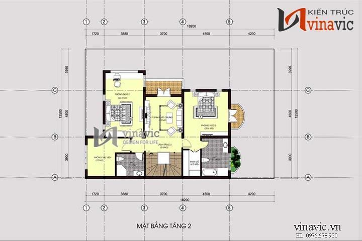Mặt bằng tầng 2 mẫu thiết kế biệt thự đẹp 4 tầng BT1407