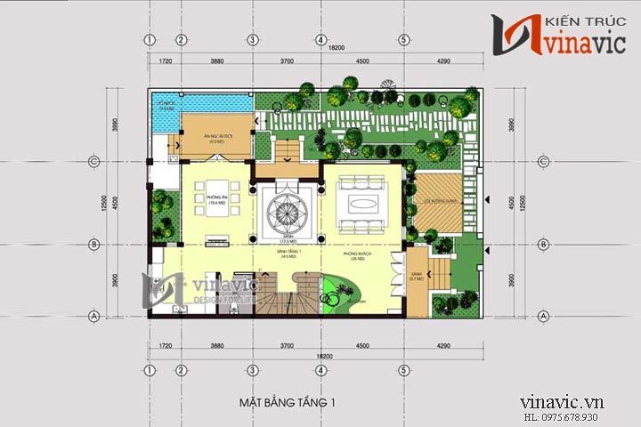 Mặt bằng tầng 1 mẫu thiết kế biệt thự đẹp 4 tầng BT1407