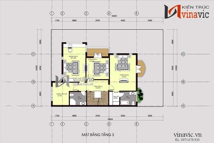 Mặt bằng tầng 3 mẫu thiết kế biệt thự đẹp 4 tầng BT1407