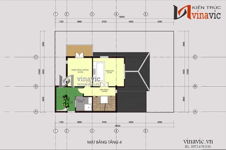 Mặt bằng tầng 4 mẫu thiết kế biệt thự đẹp 4 tầng BT1407