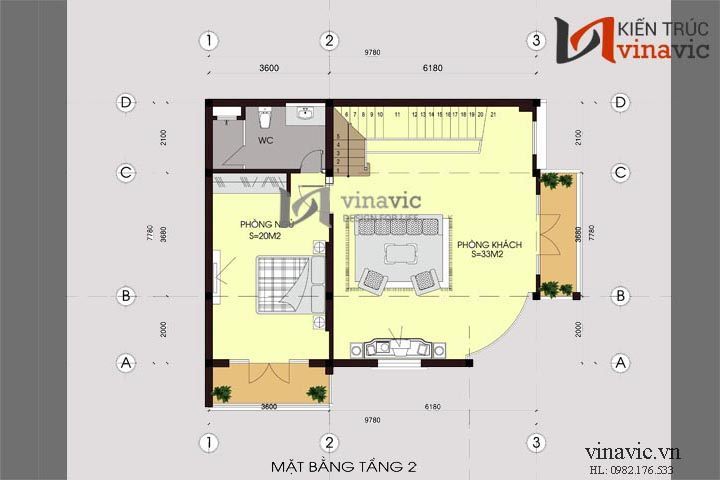 Mặt bằng tầng 2 mẫu thiết kế nhà biệt thự đẹp 4 tầng BT1425