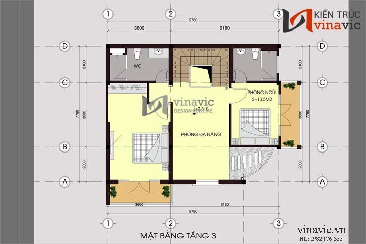 Mặt bằng tầng 3 mẫu thiết kế nhà biệt thự đẹp 4 tầng BT1425