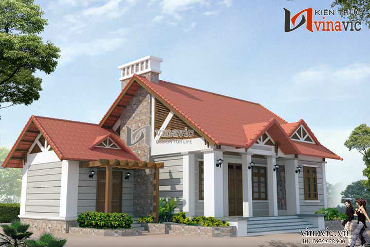 Phối cảnh mặt bên mẫu biệt thự 1 tầng nhà vườn hiện đại 