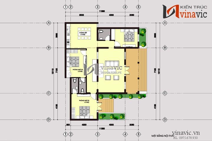 Mặt bằng nội thất thiết kế nhà 1 tầng 3 phòng ngủ đẹp 