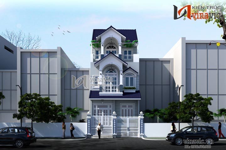 Mẫu thiết kế nhà ống đẹp giả biệt thự 3 tầng 1 hầm NO1440