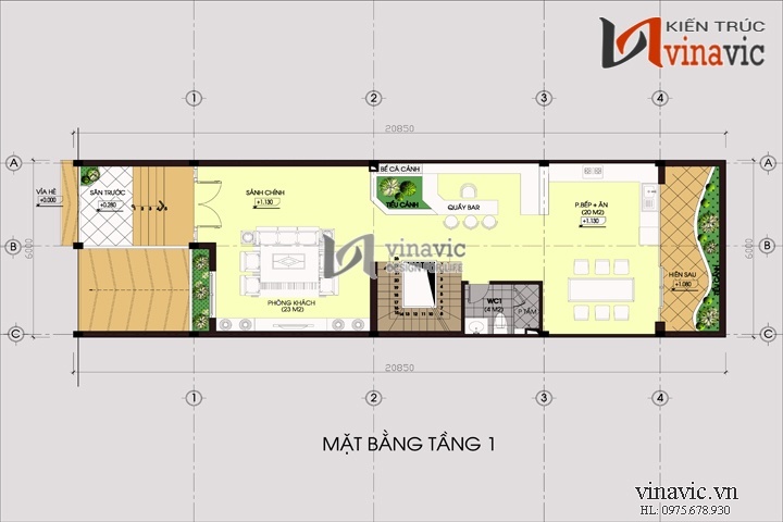 Mặt bằng tầng 1 mẫu nhà đẹp 3 tầng NO1440