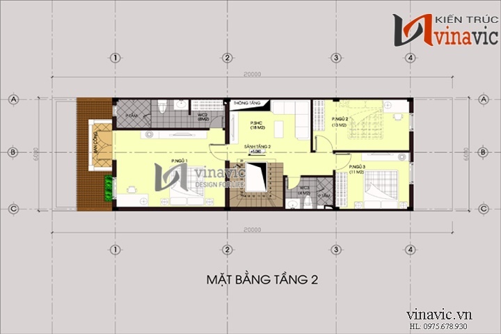 Mặt bằng tầng 2 mẫu nhà đẹp 3 tầng 1 hầm NO1440