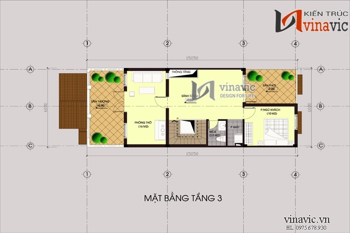 Mặt bằng tầng 3 mẫu nhà ống đẹp 3 tầng 1 hầm NO1440