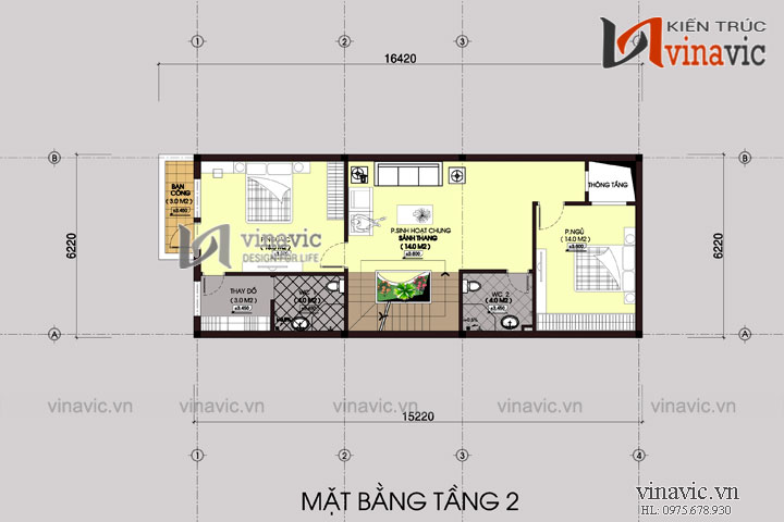 Mặt bằng tầng 2 nhà ống 3 tầng đẹp: NO1443