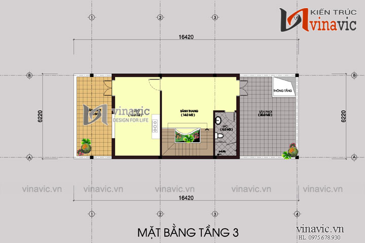 Mặt bằng tầng 3 nhà ống 3 tầng đẹp: NO1443