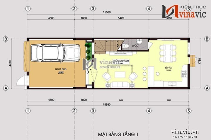 Mặt bằng tầng 1 mẫu nhà ống NO1413