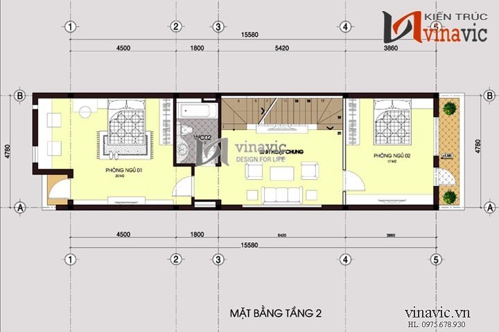 Mặt bằng tầng 2 mẫu nhà ống NO1413