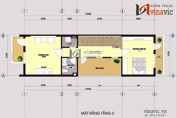 Mặt bằng tầng 3 mẫu nhà ống NO1413