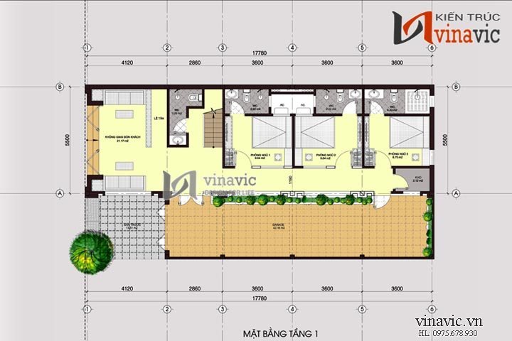 Mặt bằng tầng 1 mẫu nhà ống đẹp 3 tầng NO1430