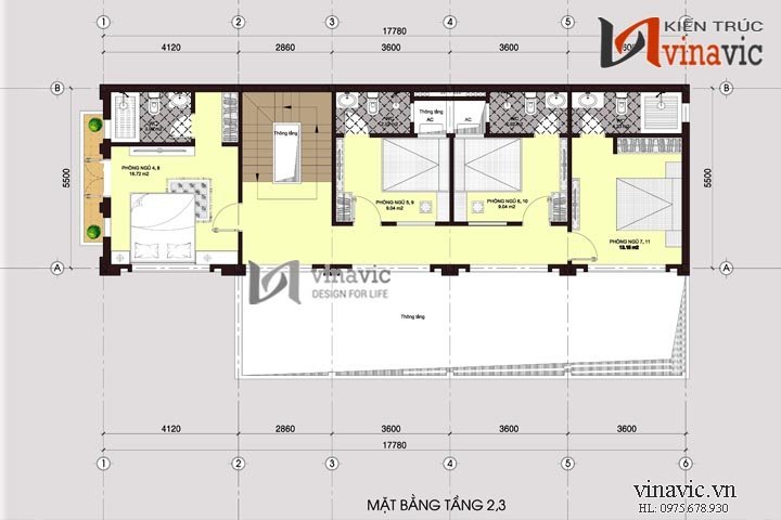 Mặt bằng tầng 2,3 mẫu nhà ống đẹp 3 tầng NO1430