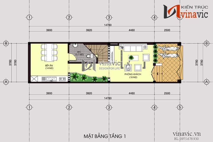 Mặt bằng tầng 1 mẫu nhà ống 3 tầng NO1433