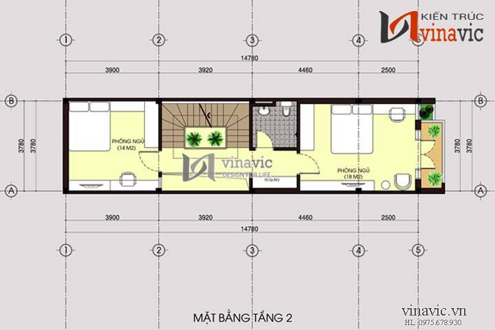 Mặt bằng tầng 2 mẫu nhà ống 3 tầng NO1433