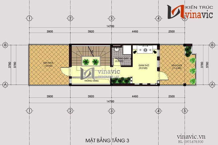 Mặt bằng tầng 3 mẫu nhà ống 3 tầng NO1433