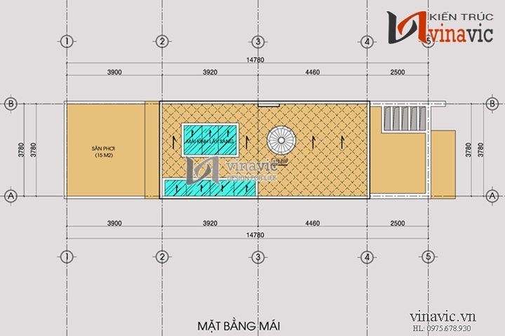 Mặt bằng mái mẫu nhà ống 3 tầng NO1433