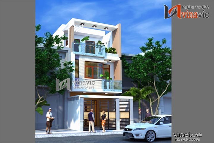 Mẫu thiết kế nhà ống đẹp 3 tầng kết hợp vật liệu kính nổi bật NO1441