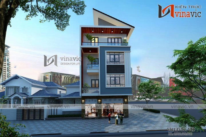Góc nhìn từ đằng trước mẫu thiết kế nhà ống đẹp 4 tầng NO1614