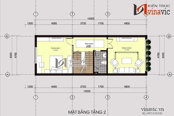 Mặt bằng tầng 2 mẫu thiết kế nhà ống đẹp 4 tầng NO1404