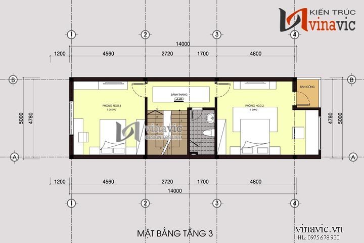 Mặt bằng tầng 3 mẫu thiết kế nhà ống đẹp 4 tầng NO1404