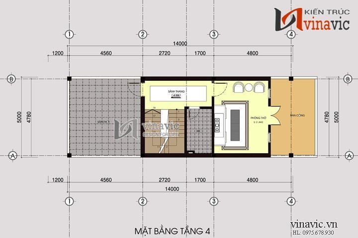 Mặt bằng tầng 4 mẫu thiết kế nhà ống đẹp 4 tầng NO1404