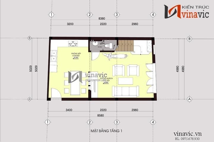 Mặt bằng tầng 1 mẫu nhà ống đẹp 4 tầng NO1406