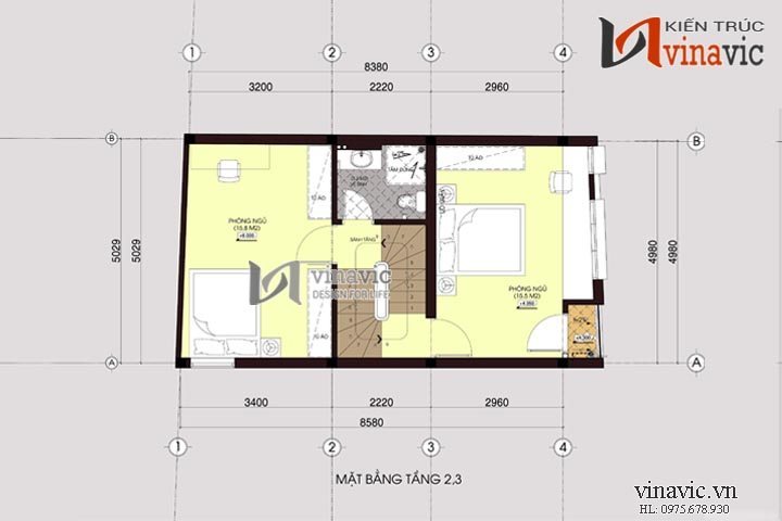 Mặt bằng tầng 2, 3 mẫu nhà ống đẹp 4 tầng NO1406
