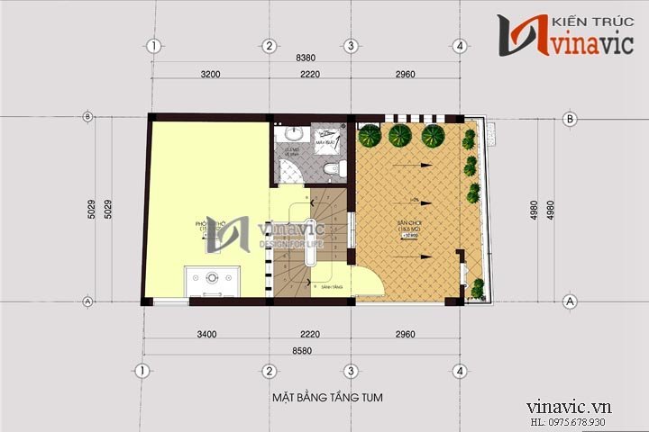 Mặt bằng tầng tum mẫu nhà ống đẹp 4 tầng NO1406